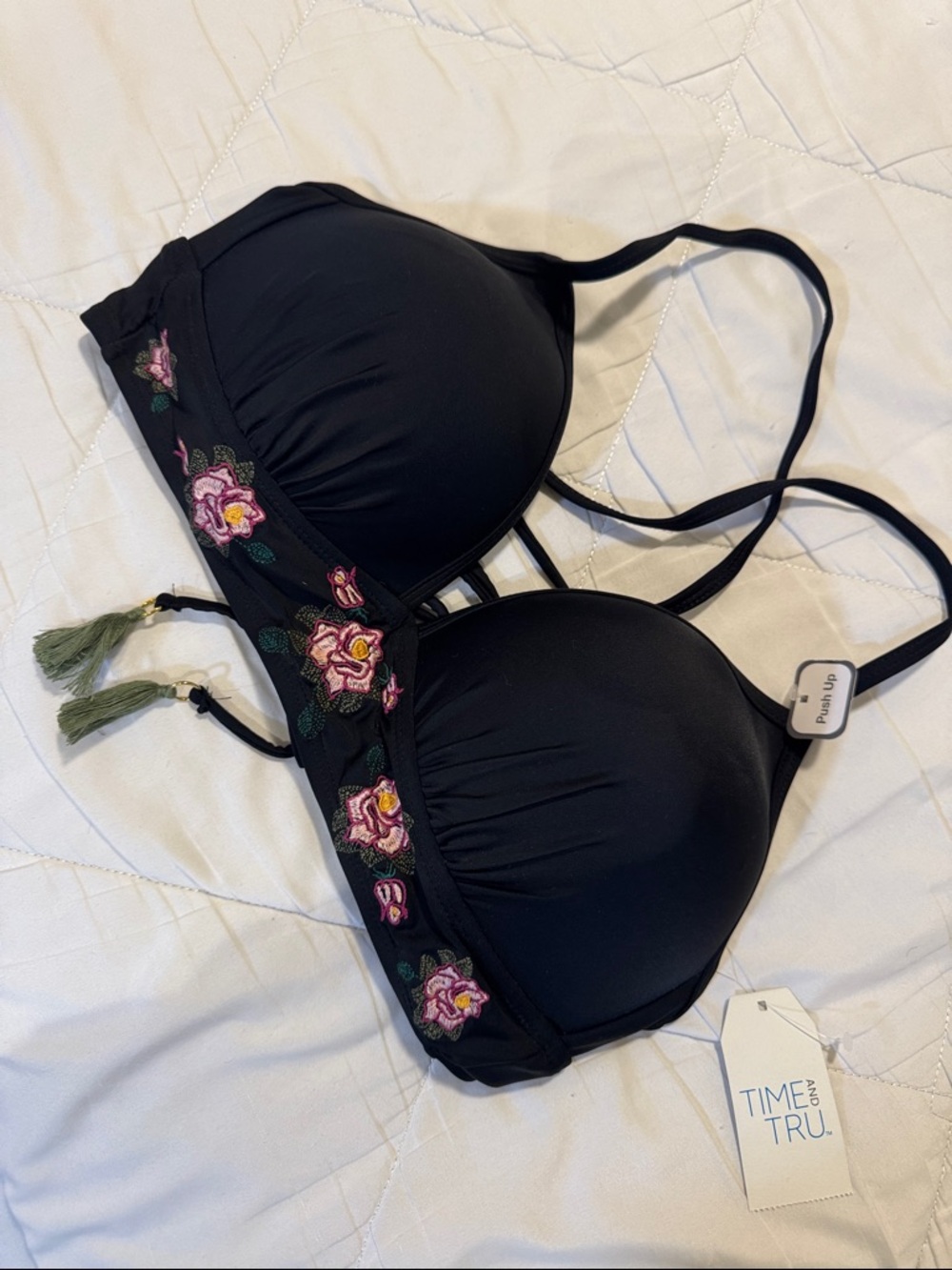 Black Push Up Bikini Top with Pink Floral Embroidery
